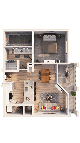 Floor plan for 1 bed, 1 bath, 777 sqft