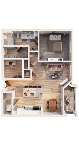 Floor plan for 1 bed, 1 bath, 909 sqft