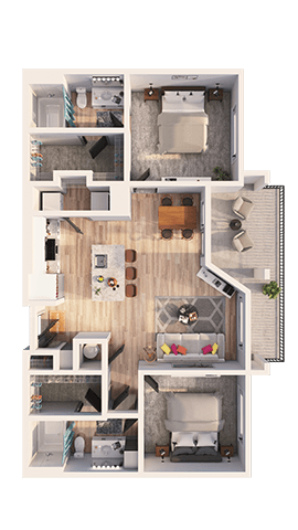 Floor plan for 2 beds, 2 baths, 1070 sqft