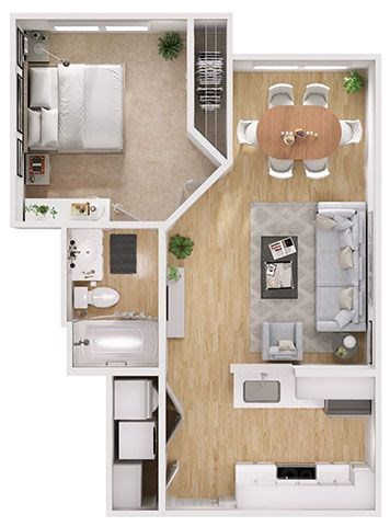 Floor plan for 1 bed, 1 bath, 534 sqft