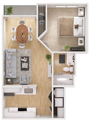 Floor plan for 1 bed, 1 bath, 557 sqft