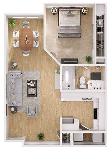 Floor plan for 1 bed, 1 bath, 637 sqft