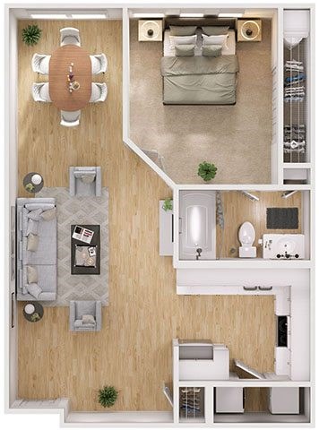 Floor plan for 1 bed, 1 bath, 656 sqft