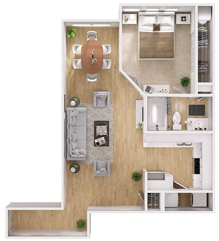 Floor plan for 1 bed, 1 bath, 692 sqft