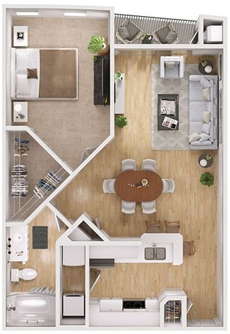 Floor plan for 1 bed, 1 bath, 694 sqft
