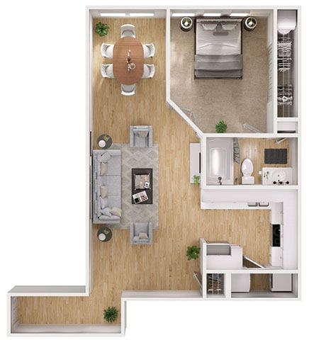 Floor plan for 1 bed, 1 bath, 713 sqft