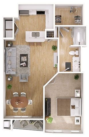 Floor plan for 1 bed, 1 bath, 769 sqft