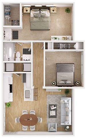 Floor plan for 2 beds, 1 bath, 695 sqft