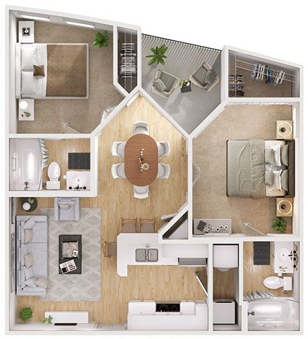 Floor plan for 2 beds, 2 baths, 793 sqft
