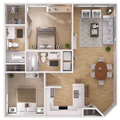 Floor plan for 2 beds, 2 baths, 835 sqft