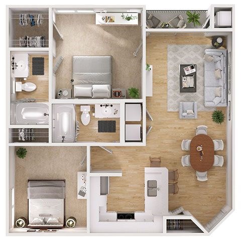 Floor plan for 2 beds, 2 baths, 838 sqft