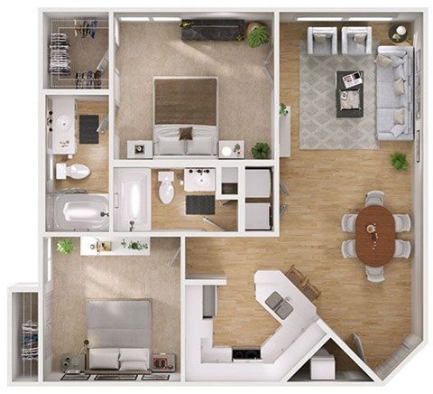 Floor plan for 2 beds, 2 baths, 882 sqft