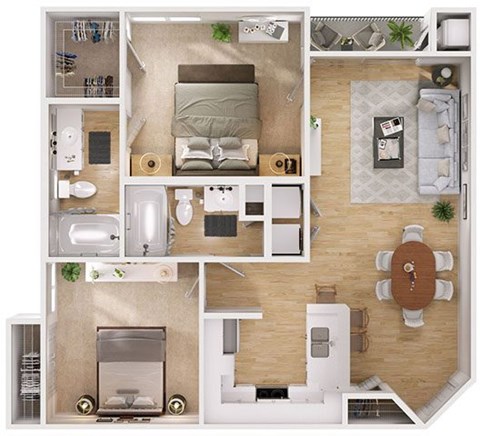 Floor plan for 2 beds, 2 baths, 884 sqft