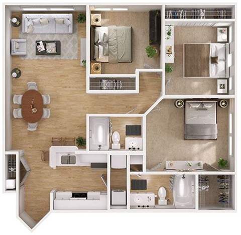 Floor plan for 3 beds, 2 baths, 1023 sqft