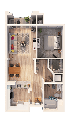 Floor plan for 1 bed, 1 bath, 708 sqft
