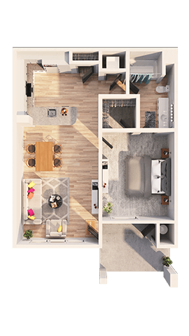 Floor plan for 1 bed, 1 bath, 708 sqft