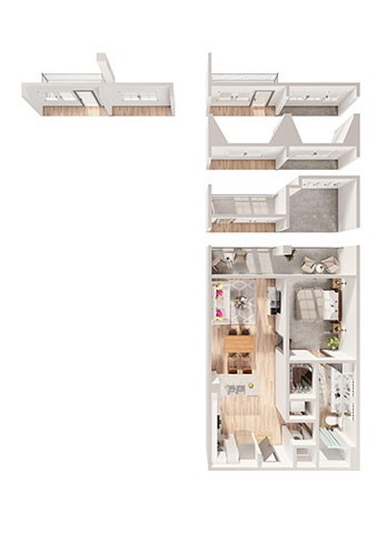 Floor plan for 1 bed, 1 bath, 755 sqft