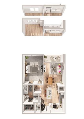 Floor plan for 1 bed, 1 bath, 822 sqft