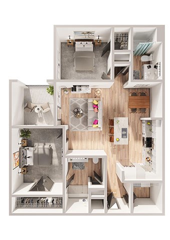 Floor plan for 2 beds, 2 baths, 1076 sqft
