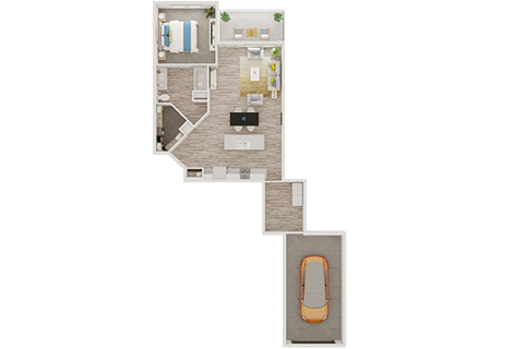 Floor plan for 1 bed, 1 bath, 894 sqft