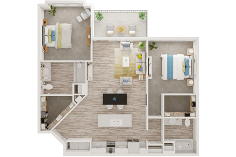 Floor plan for 2 beds, 2 baths, 1137 sqft