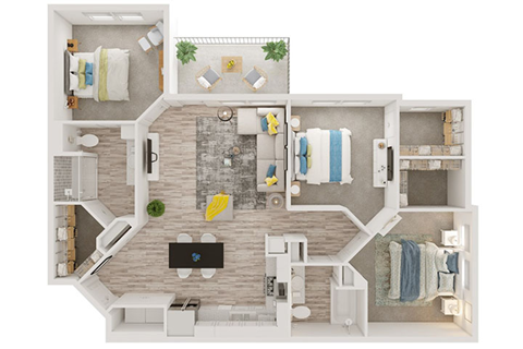 Floor plan for 3 beds, 2 baths, 1289 sqft