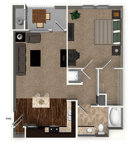 Floor plan for 1 bed, 1 bath, 767 sqft