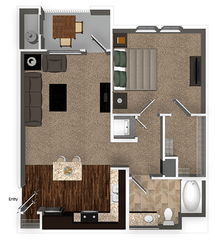 Floor plan for 1 bed, 1 bath, 730 sqft