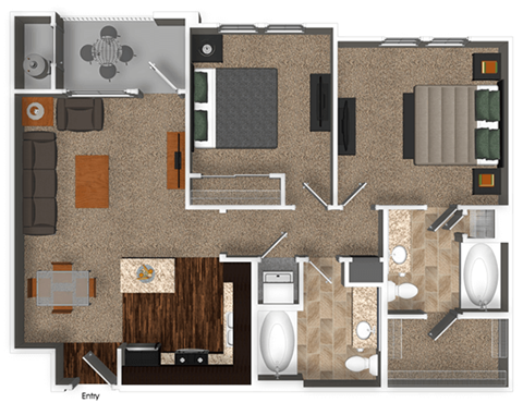 Floor plan for 2 beds, 2 baths, 907 sqft
