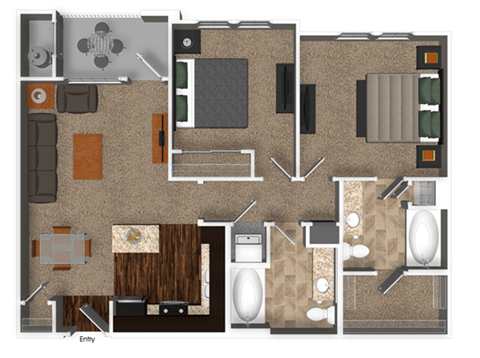 Floor plan for 2 beds, 2 baths, 920 sqft