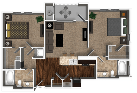 Floor plan for 2 beds, 2 baths, 982 sqft