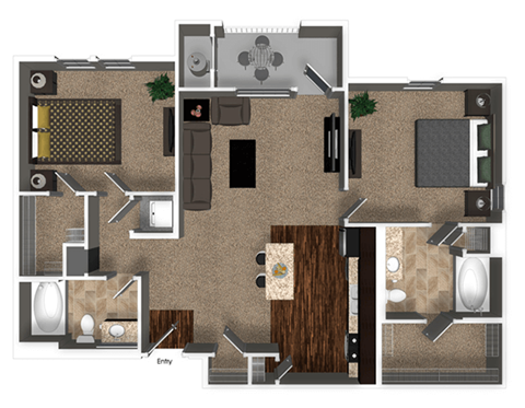 Floor plan for 2 beds, 2 baths, 1072 sqft