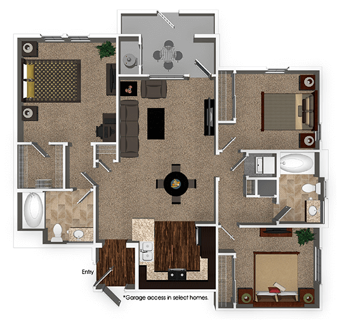 Floor plan for 3 beds, 2 baths, 1244 sqft