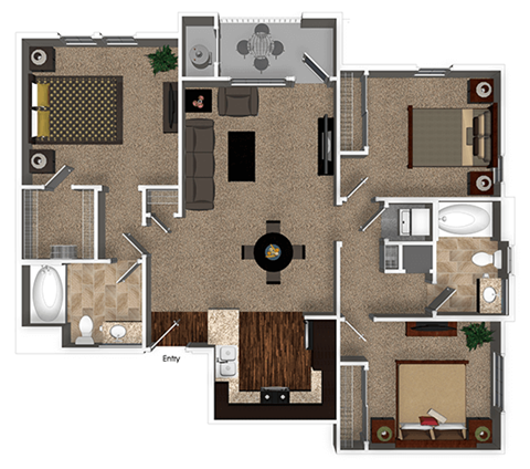 Floor plan for 3 beds, 2 baths, 1188 sqft