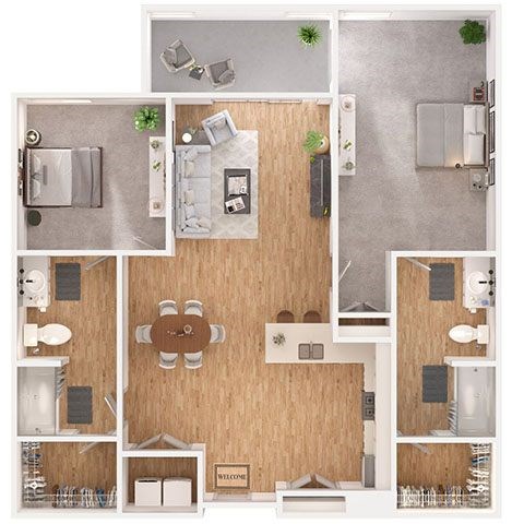 Floor plan for 2 beds, 2 baths, 1150 sqft
