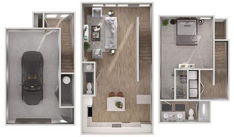 Floor plan for 1 bed, 1.5 baths, 1017 sqft