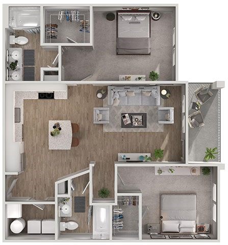 Floor plan for 2 beds, 2 baths, 1110 sqft