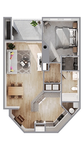 Floor plan for 1 bed, 1 bath, 870 sqft