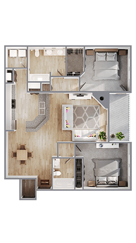 Floor plan for 2 beds, 2 baths, 1227 sqft