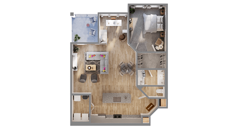 Floor plan for 1 bed, 1 bath, 989 sqft