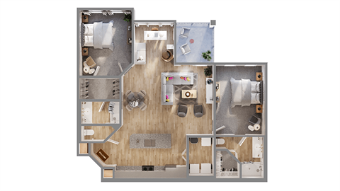 Floor plan for 2 beds, 2 baths, 1279 sqft