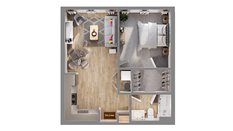 Floor plan for 1 bed, 1 bath, 592 sqft