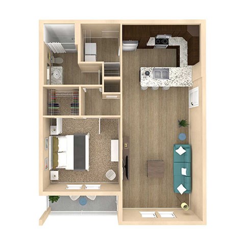 Floor plan for 1 bed, 1 bath, 802 sqft