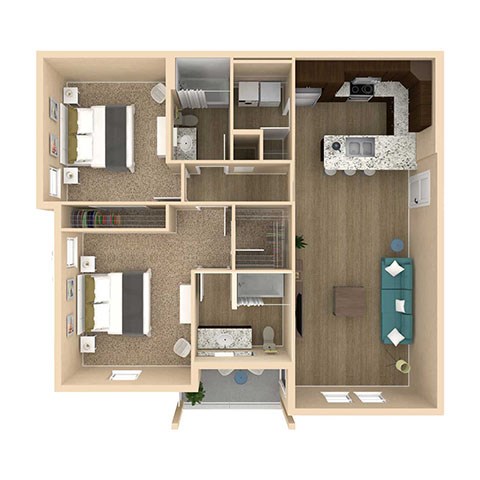 Floor plan for 2 beds, 2 baths, 1128 sqft