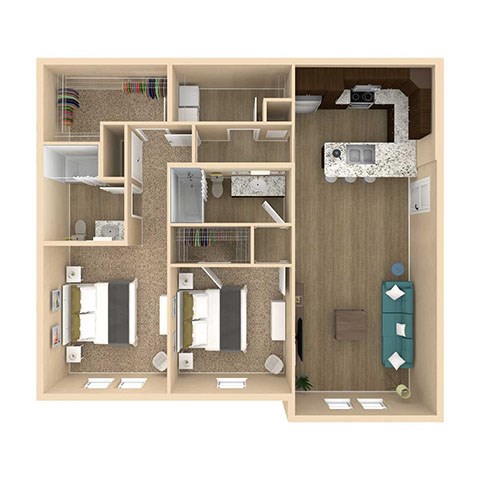 Floor plan for 2 beds, 2 baths, 1181 sqft