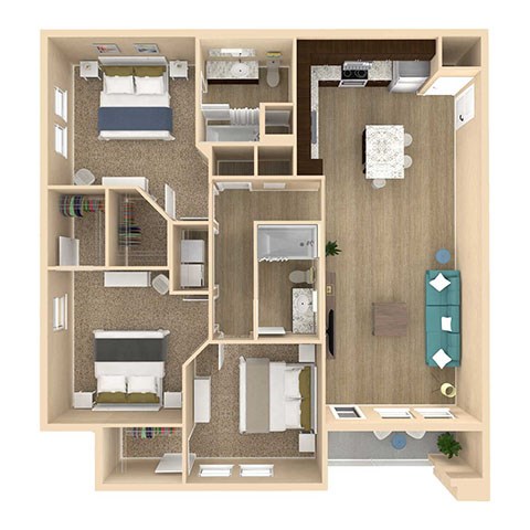Floor plan for 3 beds, 2 baths, 1319 sqft