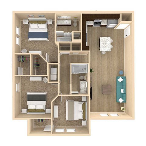 Floor plan for 3 beds, 2 baths, 1319 sqft