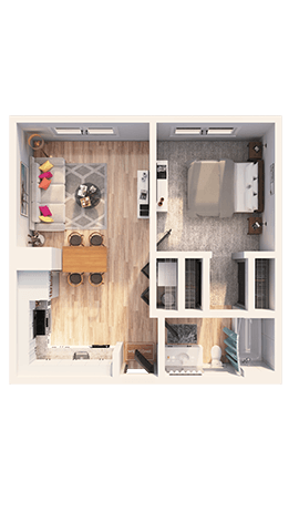 Floor plan for 1 bed, 1 bath, 586 sqft