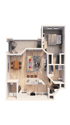 Floor plan for 1 bed, 1 bath, 845 sqft
