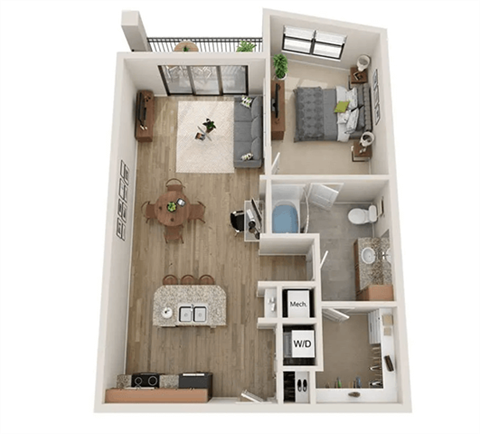 Floor plan for 1 bed, 1 bath, 844 sqft